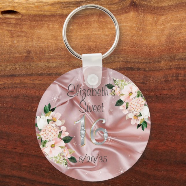 Sweet Sixteen Pink Satin Flowers Party Favor  Key Ring (Front)
