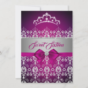 Sweet Sixteen Pink Sparkle Diamond Tiara Bow Invitation