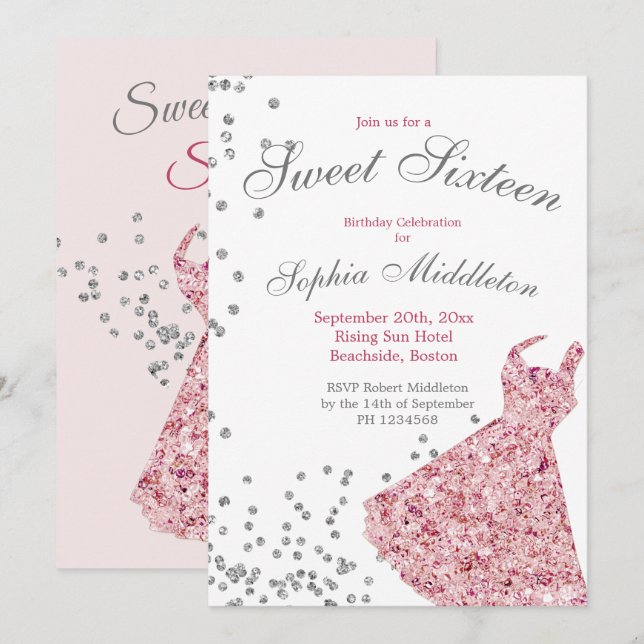 Sweet Sixteen Pink Sparkle Elegant Modern Birthday Invitation (Front/Back)