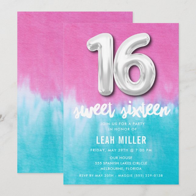 Sweet Sixteen Pink Tie Dye Party Invitation  (Front/Back)