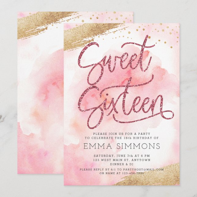 Sweet Sixteen Pink Watercolor Glitter Birthday Invitation (Front/Back)