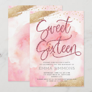 Sweet Sixteen Pink Watercolor Glitter Birthday Invitation