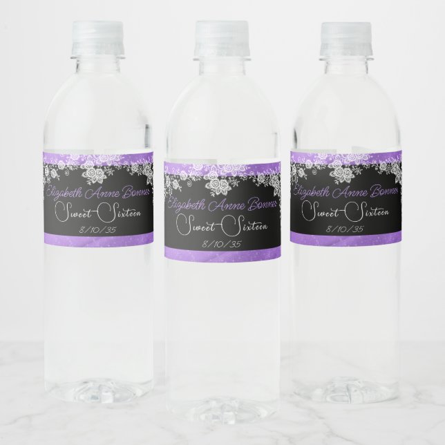 Sweet Sixteen Pink White Lace Black Water Label (Bottles)