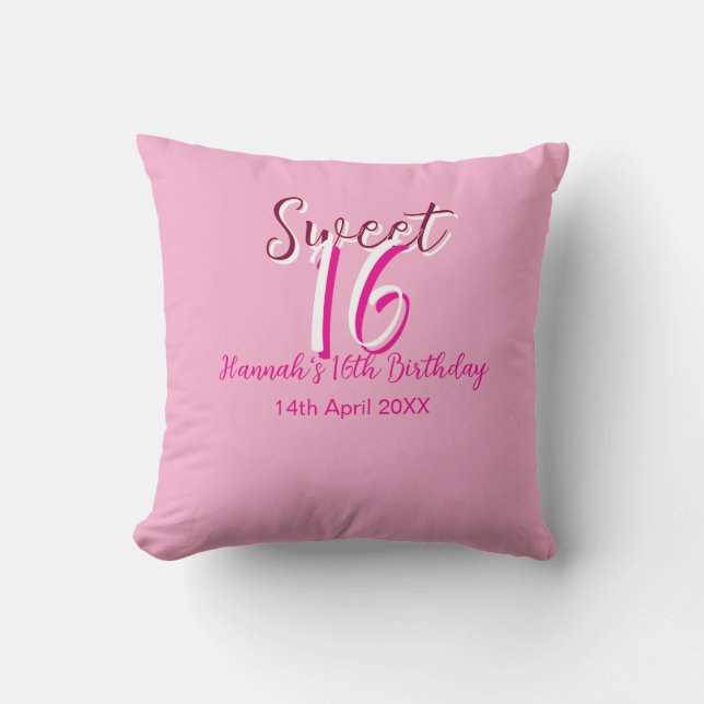 Sweet sixteen pink white name date bold letter mar cushion (Front)