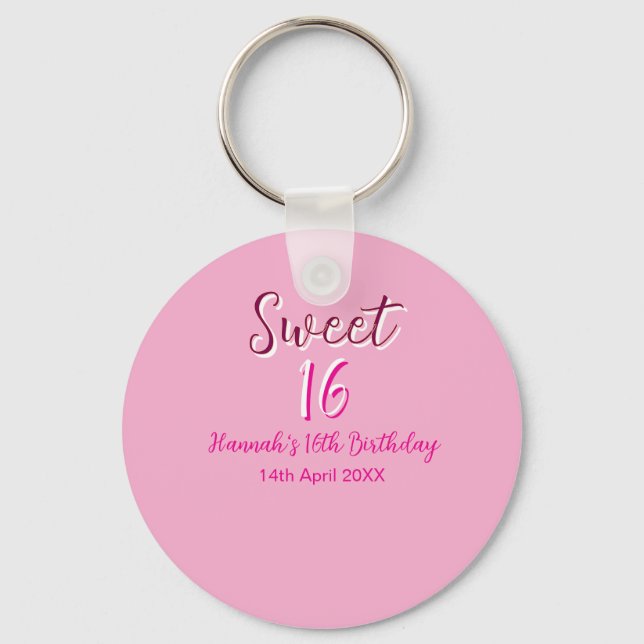 Sweet sixteen pink white name date bold letter mar key ring (Front)