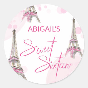Sweet Sixteen Pink White Paris Eiffel Tower Classic Round Sticker
