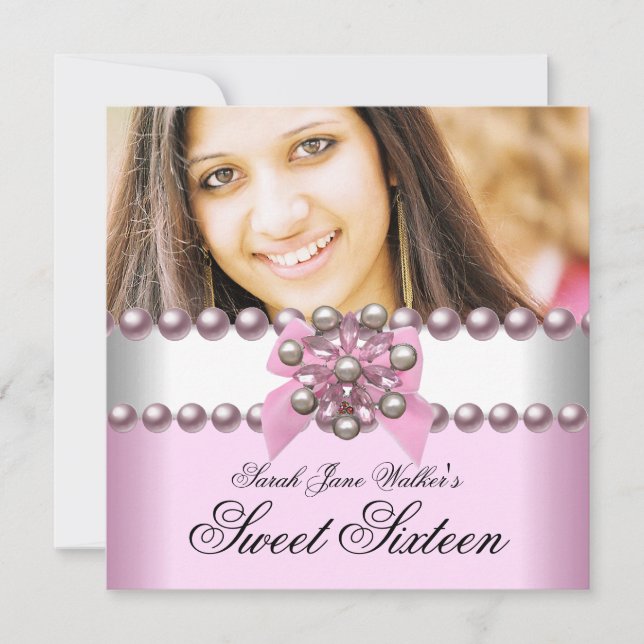Sweet Sixteen Pink White Pink Pearl Bow Photo Invitation (Front)
