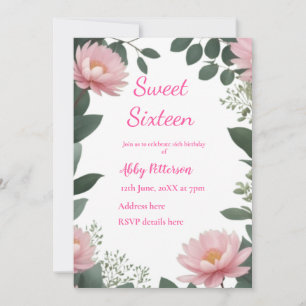 Sweet sixteen pink wildflower eucalyptus birthday invitation