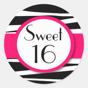 Sweet Sixteen Pink Zebra Lollipop Invitation Front Classic Round Sticker