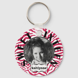 Sweet Sixteen Pink Zebra with Photo and Name Key Ring