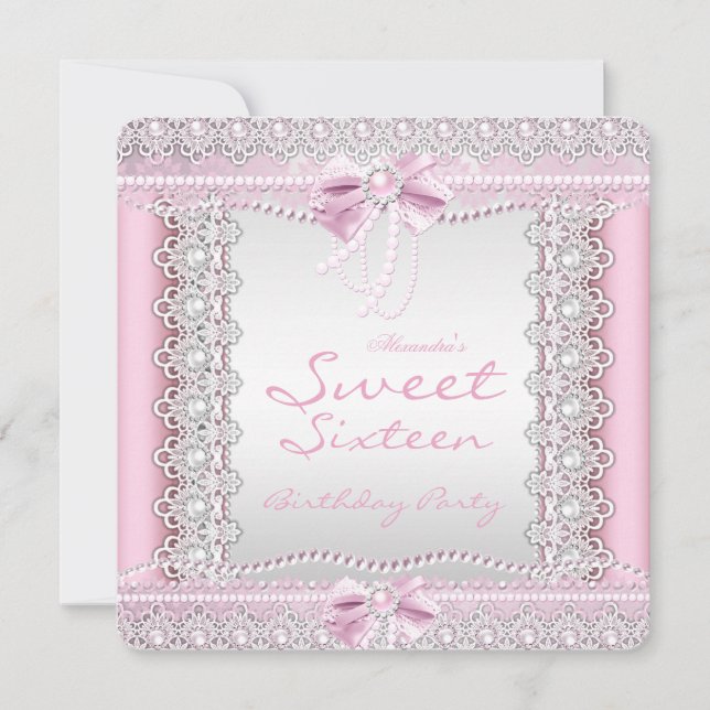 Sweet Sixteen Pretty Pink White Pearls Lace Bow Invitation (Front)