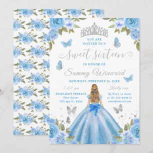Sweet Sixteen Princess Blue Floral Silver Tiara Invitation
