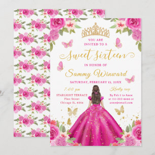 Sweet Sixteen Princess Hot Pink Floral Gold Tiara Invitation