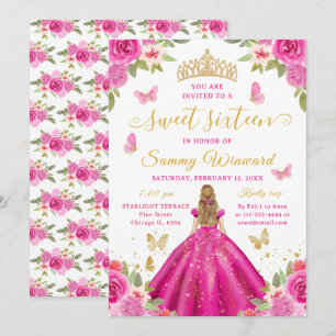 Sweet Sixteen Princess Hot Pink Floral Gold Tiara Invitation