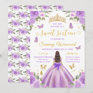 Sweet Sixteen Princess Purple Floral Gold Tiara Invitation