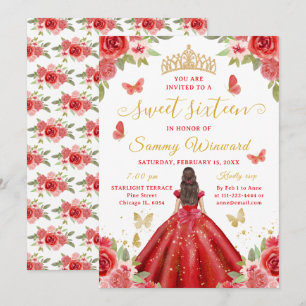 Sweet Sixteen Princess Red Floral Gold Tiara Invitation