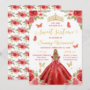 Sweet Sixteen Princess Red Floral Gold Tiara Invitation