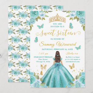 Sweet Sixteen Princess Turquoise Floral Gold Tiara Invitation