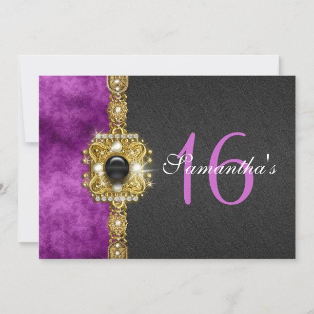 "sweet sixteen" purple black 16 birthday invitation (Front)