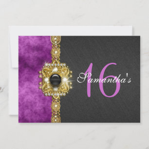 "sweet sixteen" purple black 16 birthday invitation