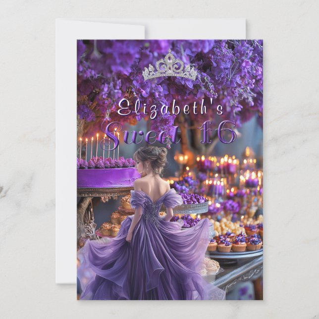Sweet Sixteen Purple Dress Flowers Cake Invitation (Front)
