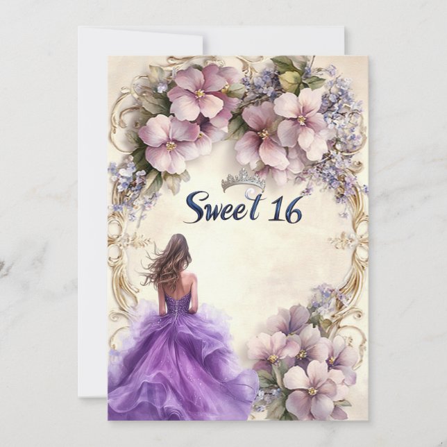 Sweet Sixteen Purple Dress Pink Floral Invitation (Front)