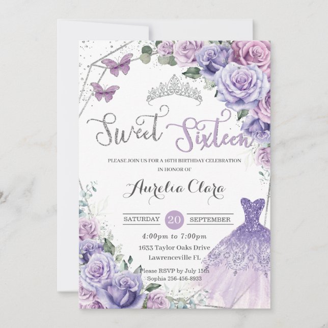 Sweet Sixteen Purple Floral 16th Birthday Dress Invitation (Front)