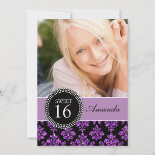 SWEET SIXTEEN, PURPLE GLITTER, BLACK DAMASK INVITATION