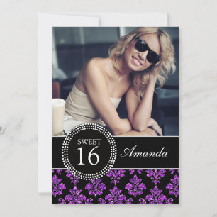 SWEET SIXTEEN, PURPLE GLITTER,  BLACK DAMASK INVITATION