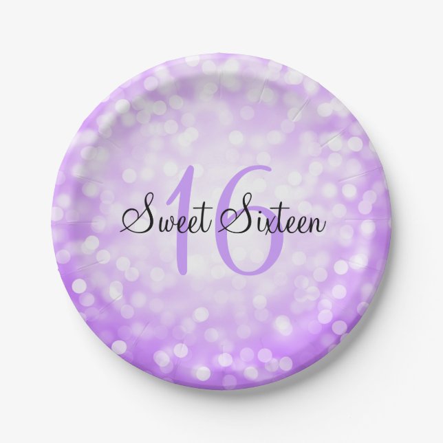 Sweet Sixteen Purple Glitter Lights Paper Plate (Front)