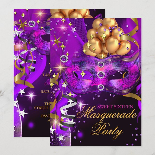 Sweet Sixteen Purple Gold Black Masquerade Party Invitation (Front/Back)