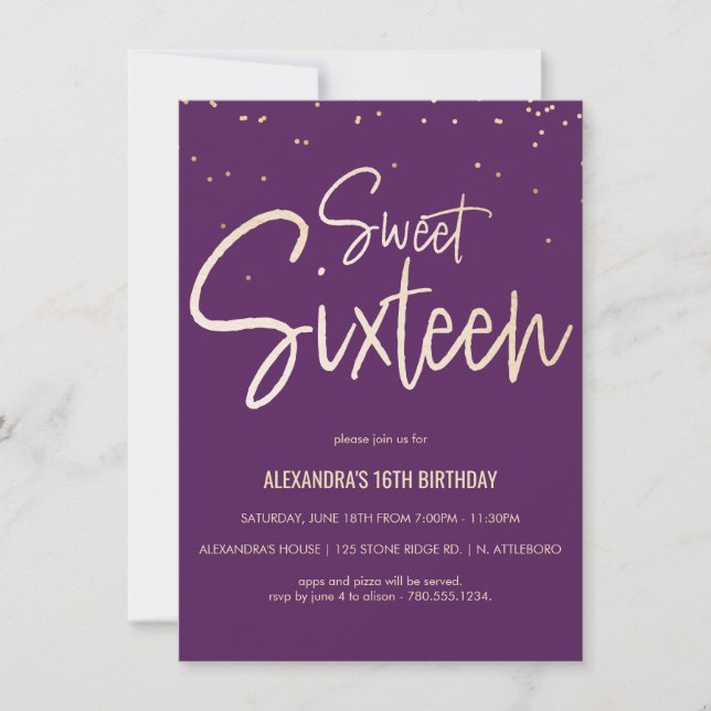Sweet Sixteen Purple & Gold Party Invitation (Front)
