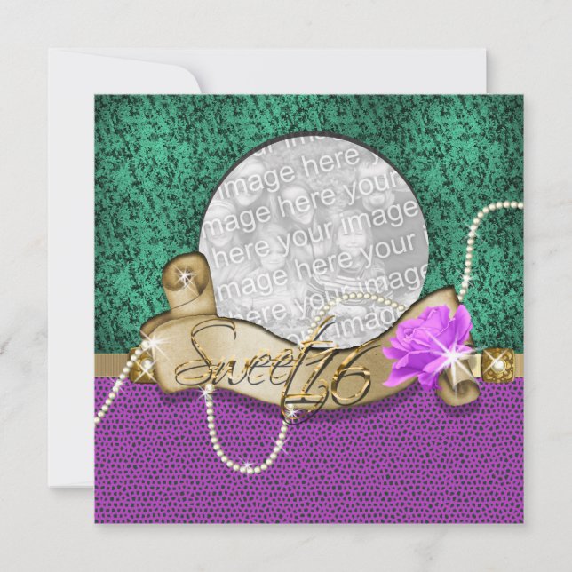 "sweet sixteen" purple green bling 16 birthday invitation (Front)
