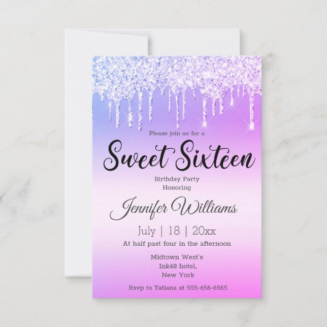 sweet sixteen purple pink dripping glitters invitation (Front)