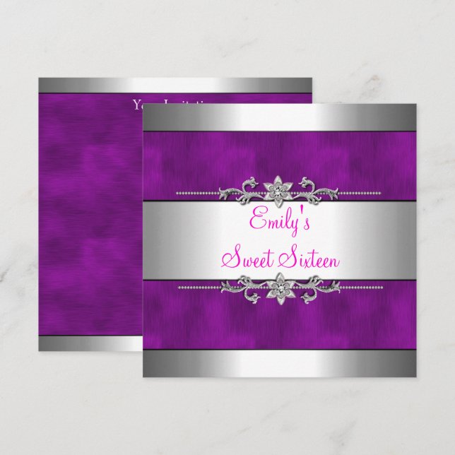 Sweet Sixteen Purple Silver Birthday Invitation (Front/Back)