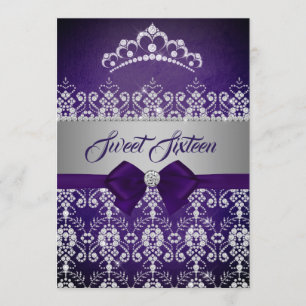 Sweet Sixteen Purple Sparkle Diamond Tiara Bow Invitation