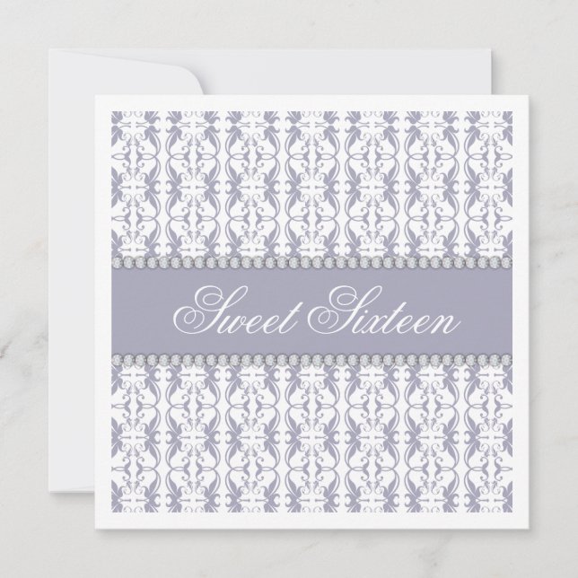 Sweet Sixteen Purple White Damask Lace Jewel Party Invitation (Front)