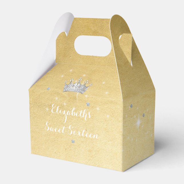 Sweet Sixteen Quinceanera Gold Princess Crown Favour Box (Front Side)
