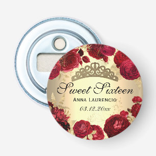 Sweet Sixteen Red Gold Floral Roses Tiara Custom Bottle Opener