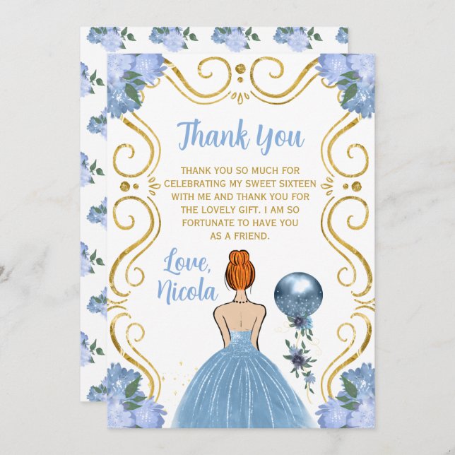 Sweet Sixteen Red Hair Princess Blue  Thank You Card (Front/Back)