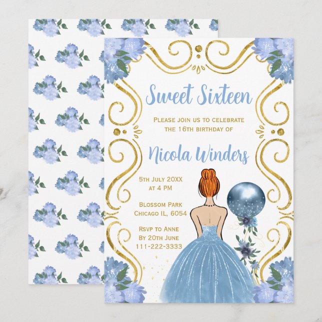 Sweet Sixteen Red Hair Princess in Blue Invitation (Front/Back)