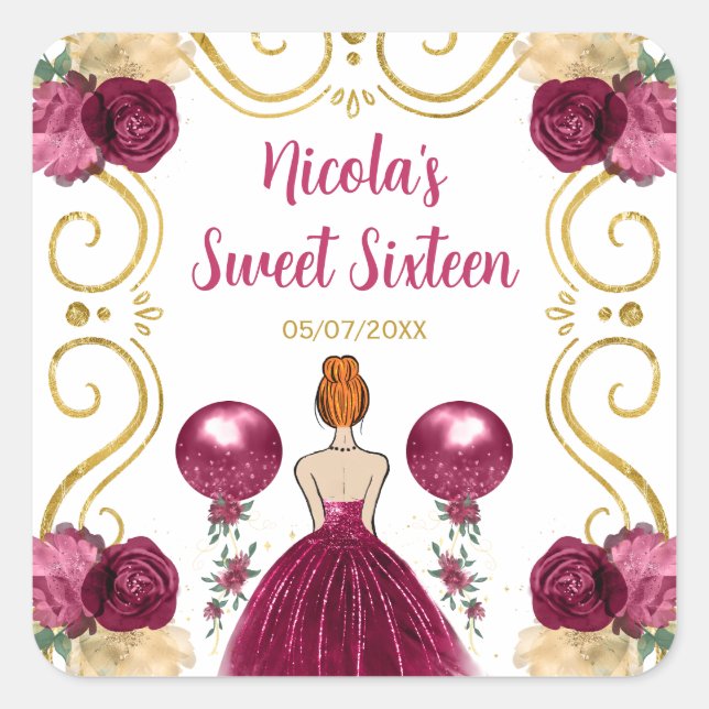 Sweet Sixteen Red Hair Princess in Burgundy Red Square Sticker (Front)