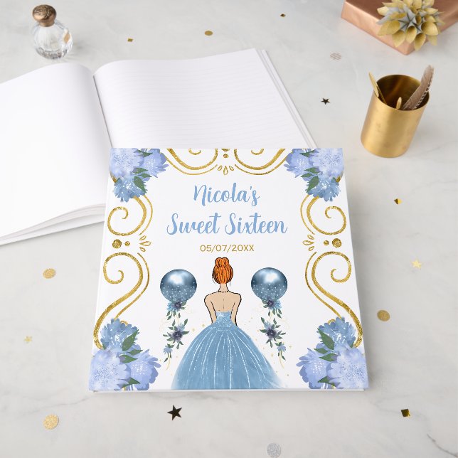 Sweet Sixteen Red Hair Princess in Dusty Blue Guest Book (Front Open)