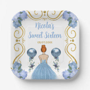 Sweet Sixteen Red Hair Princess in Dusty Blue Paper Plate