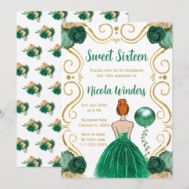 Sweet Sixteen Red Hair Princess in Green Invitation (Front/Back)