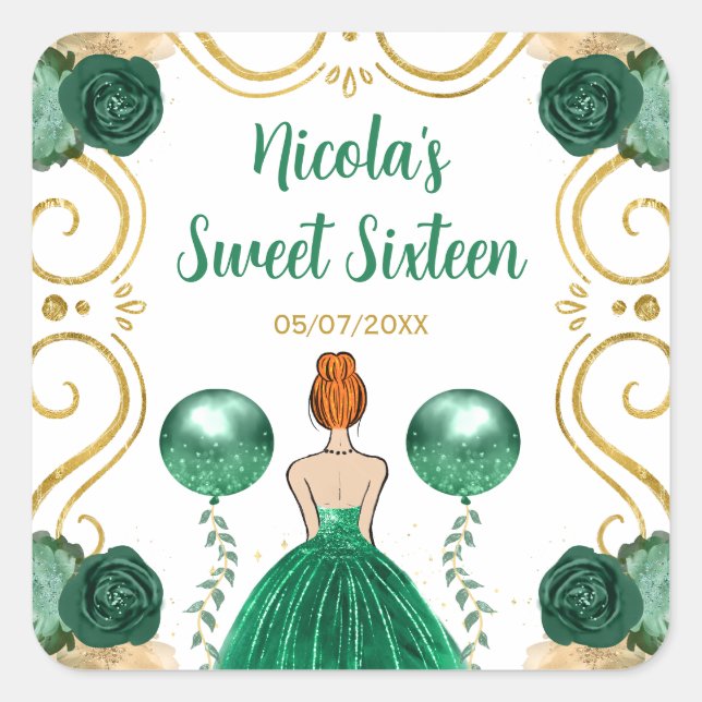 Sweet Sixteen Red Hair Princess in Green Square Sticker (Front)
