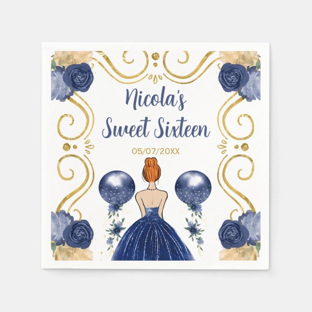 Sweet Sixteen Red Hair Princess in Navy Blue Napkin (Front)