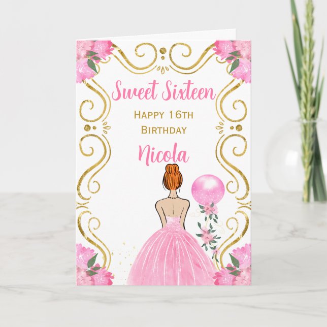 Sweet Sixteen Red Hair Princess in Pink Card (Front)