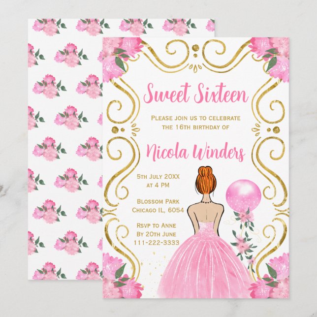 Sweet Sixteen Red Hair Princess in Pink Invitation (Front/Back)