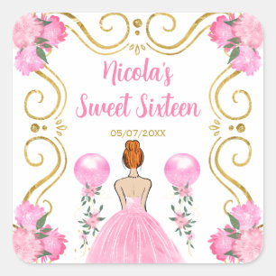 Sweet Sixteen Red Hair Princess in Pink Square Sticker